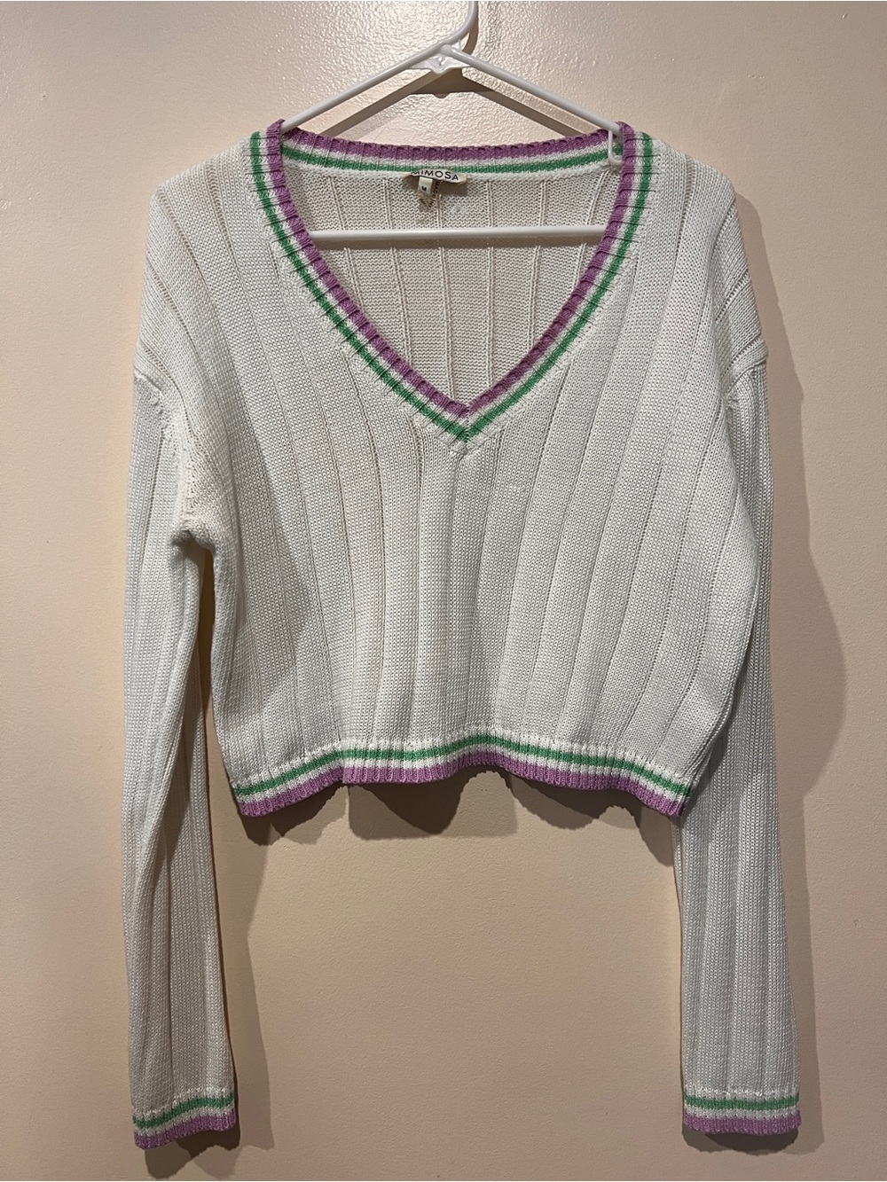 Mimosa Women’s Medium White Cropped V-Neck Sweater Purple Green Stripe